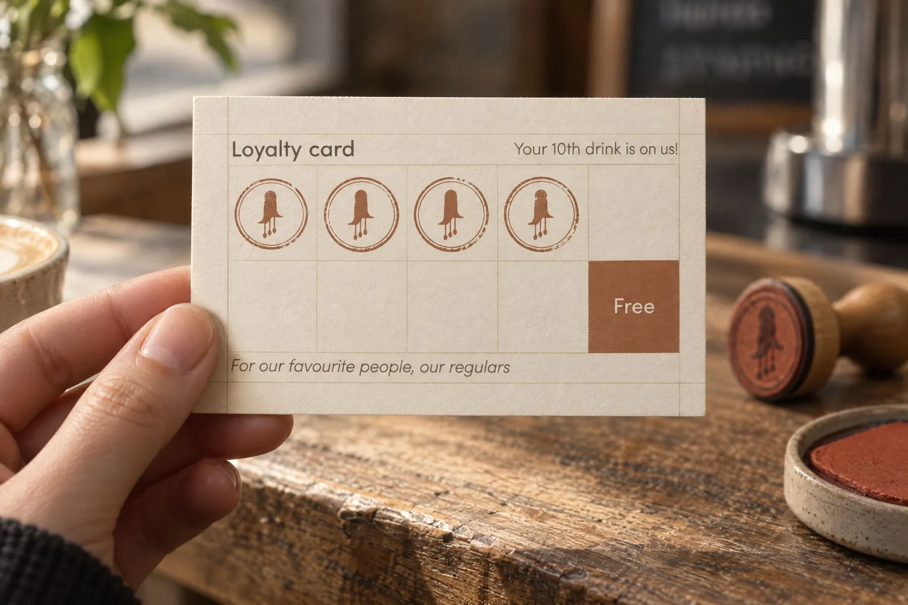 A hand holding a Kōwhai loyalty card with four kōwhai-flower stamps, the rubber stamp and ink pad on the counter behind.