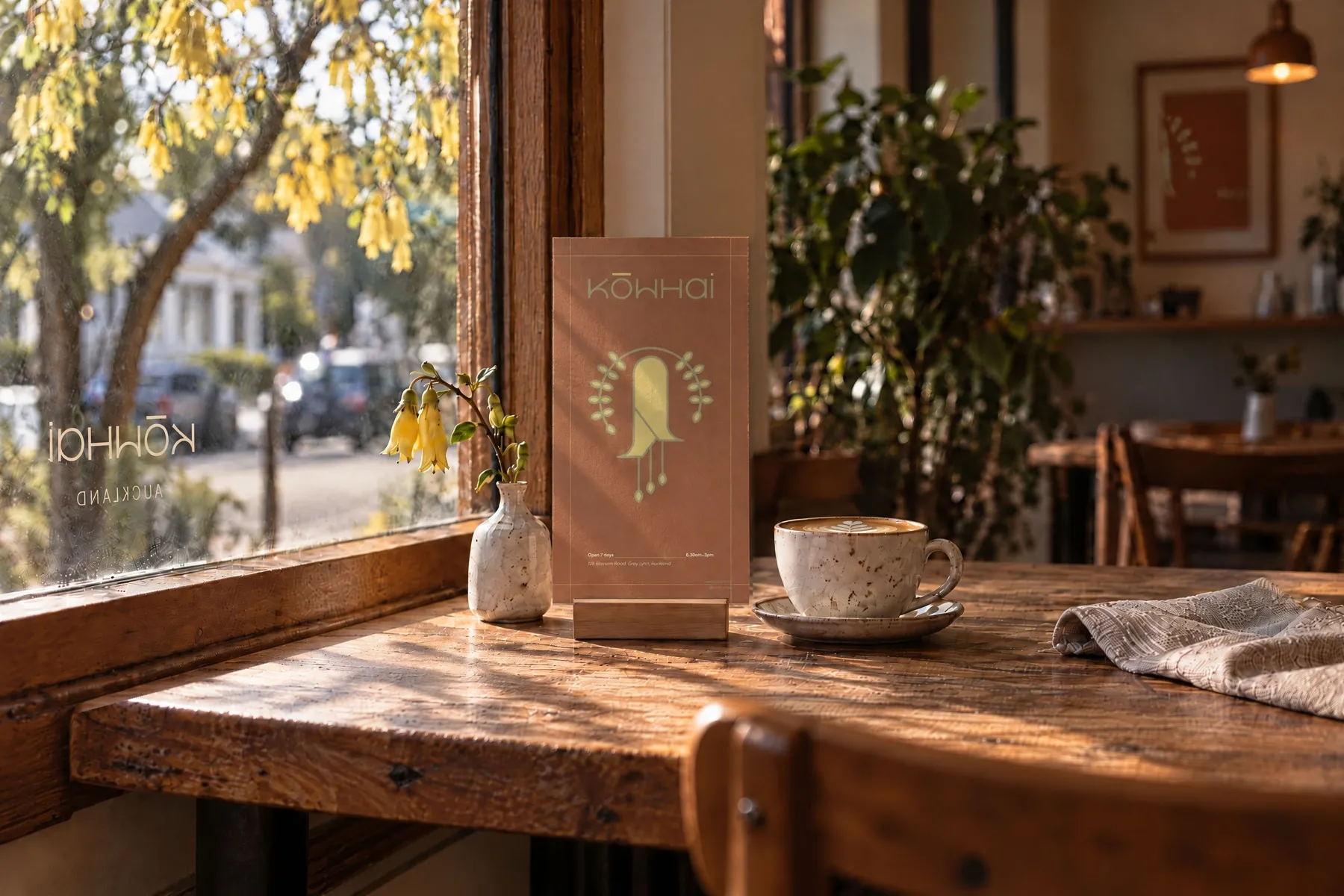 The Kōwhai menu standing in an oak block on a sunlit window table, the wordmark on the glass and a flowering kōwhai tree outside.